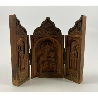 Triptych In Carved Wood XIX Eme Decor Virgin Al Child Apostles