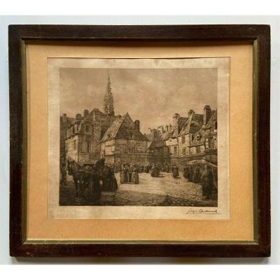 Engraving Scene De Marche Breton Georges Maulemouck 1900 Natural Wood Frame