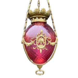 Lantern Napoleon III XIXth Enchasse Red Glass Bronze Ornamentation