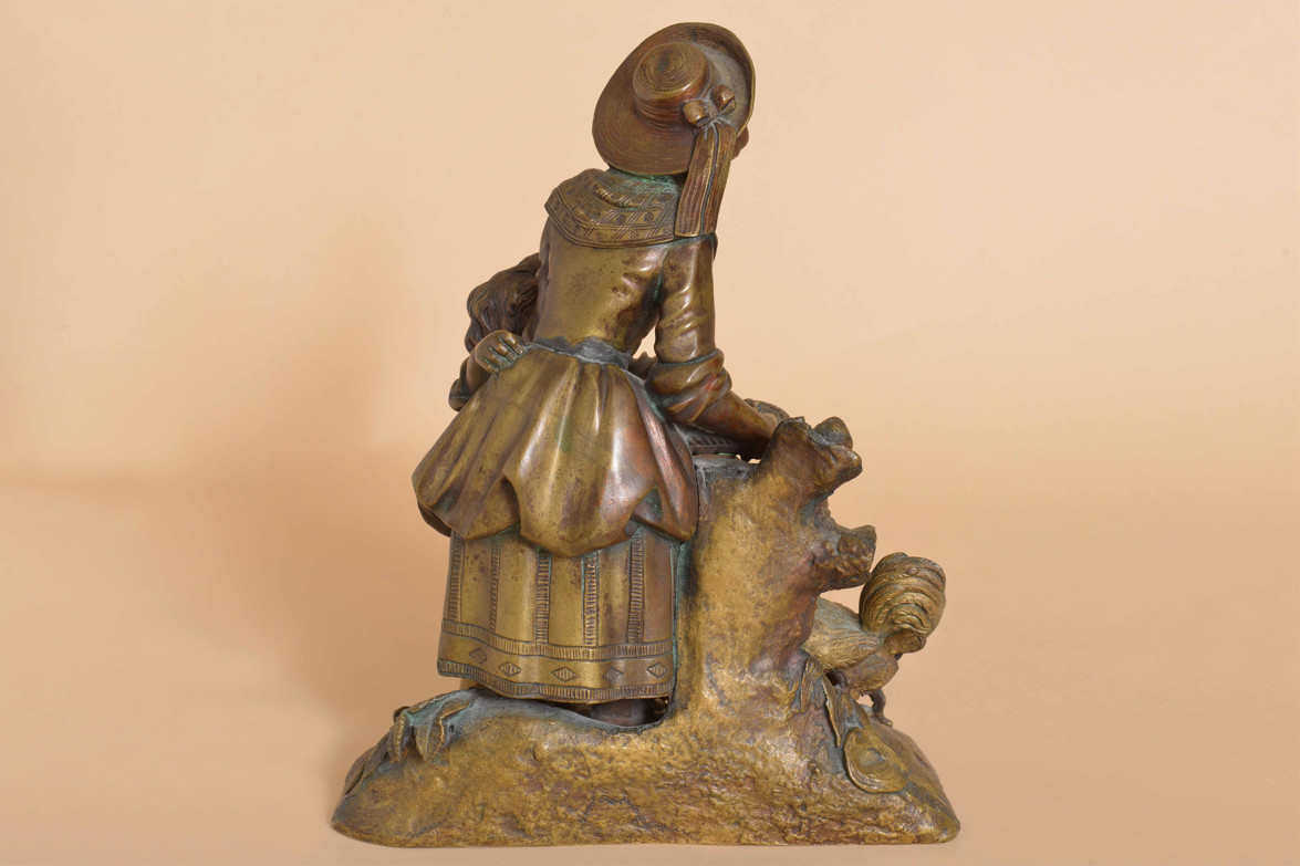 Bronze du XIXe siècle – Maman et son enfant en train de nourir les poules-photo-1