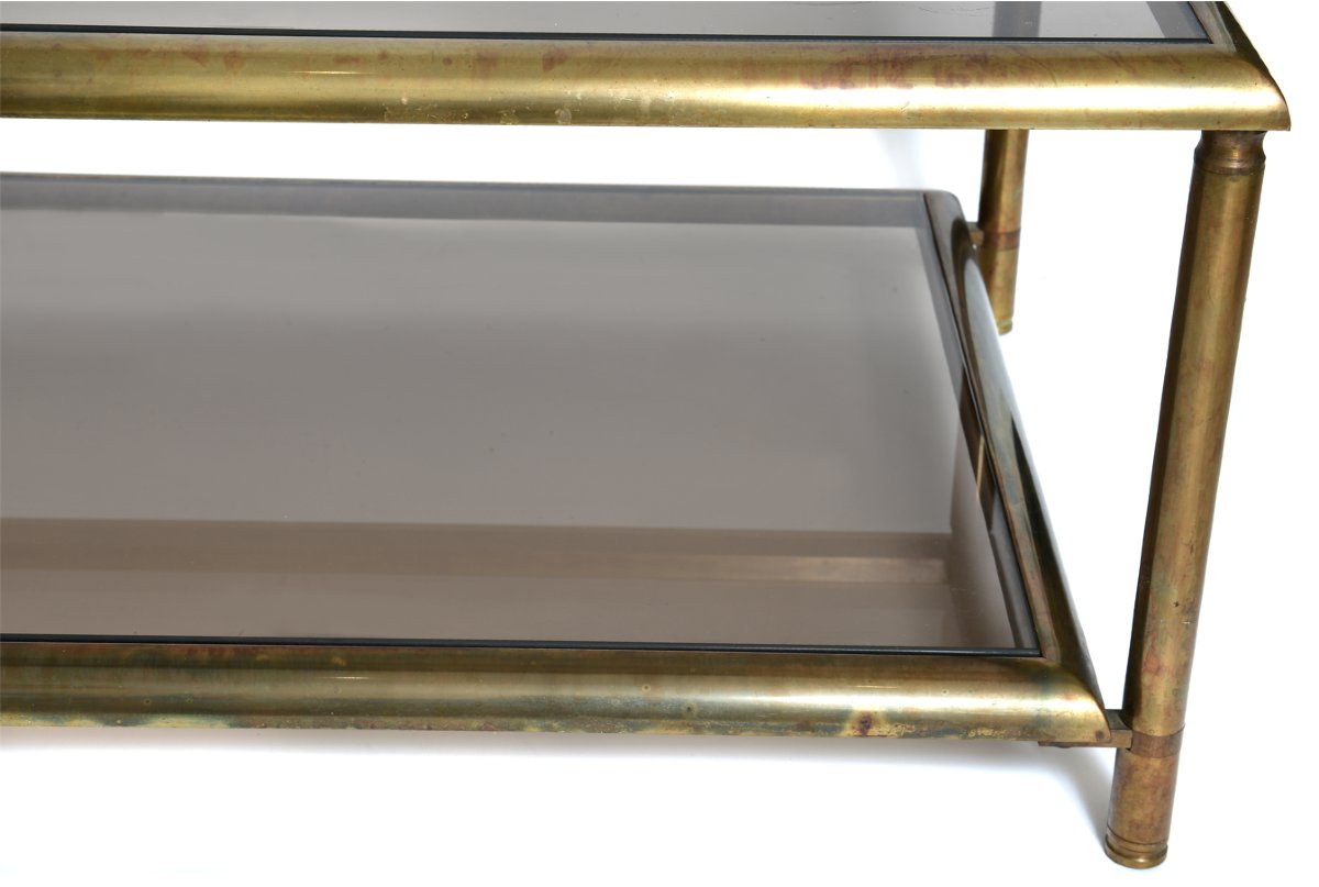 Table basse en laiton et verre fumé (vers 1970)-photo-2
