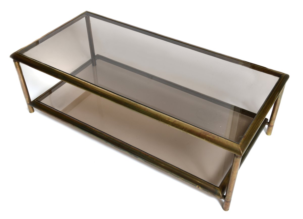 Table basse en laiton et verre fumé (vers 1970)-photo-3