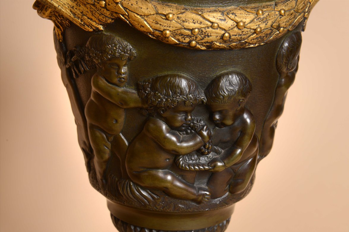 Important Pair Of Gilt Bronze And Green Patina Candelabras Signed Denière-photo-2