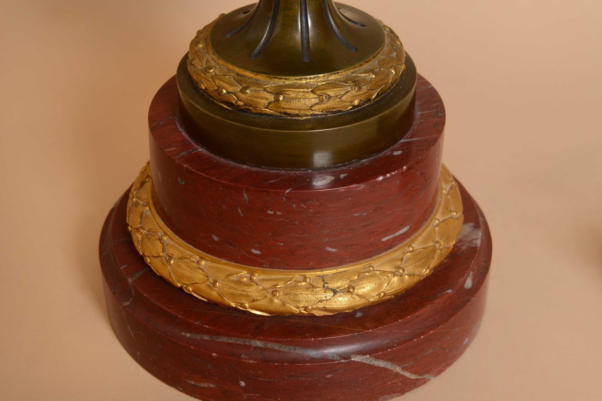 Important Pair Of Gilt Bronze And Green Patina Candelabras Signed Denière-photo-3
