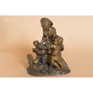 Bronze du XIXe siècle – Maman et son enfant en train de nourir les poules