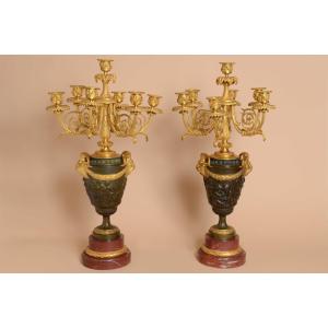 Important Pair Of Gilt Bronze And Green Patina Candelabras Signed Denière