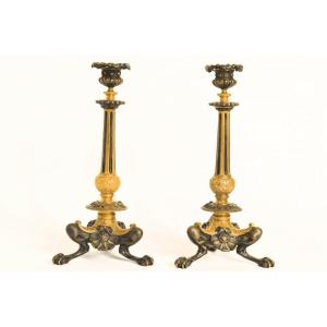 Pair Of Candlesticks Signed Henry Picard In Bronze (mid-19th Century)