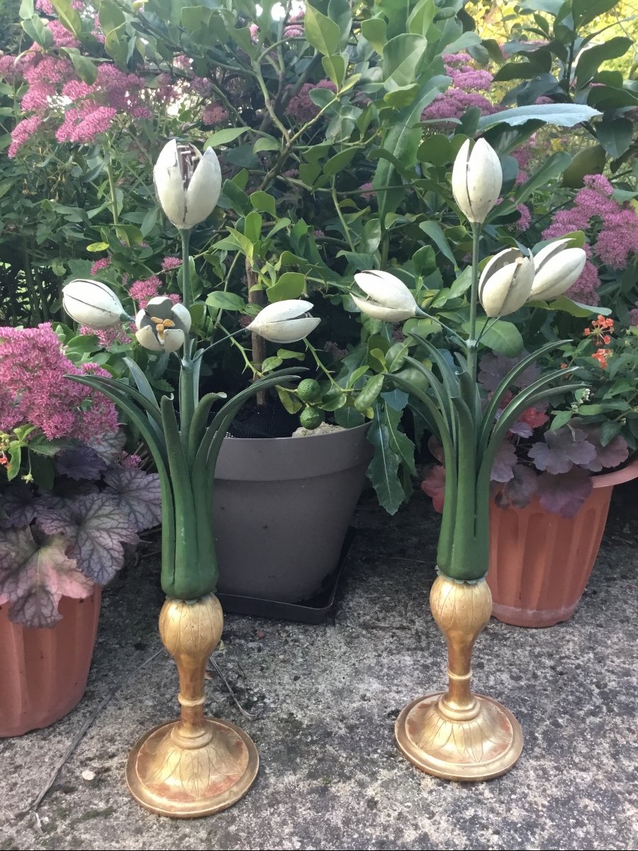 Two Large Bouquets Of Tulips On Golden Wood-photo-2