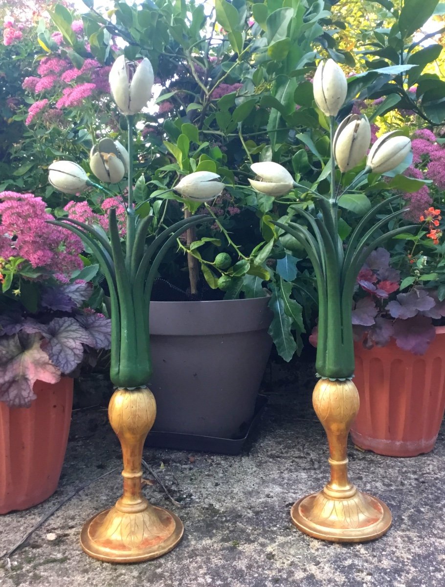 Two Large Bouquets Of Tulips On Golden Wood