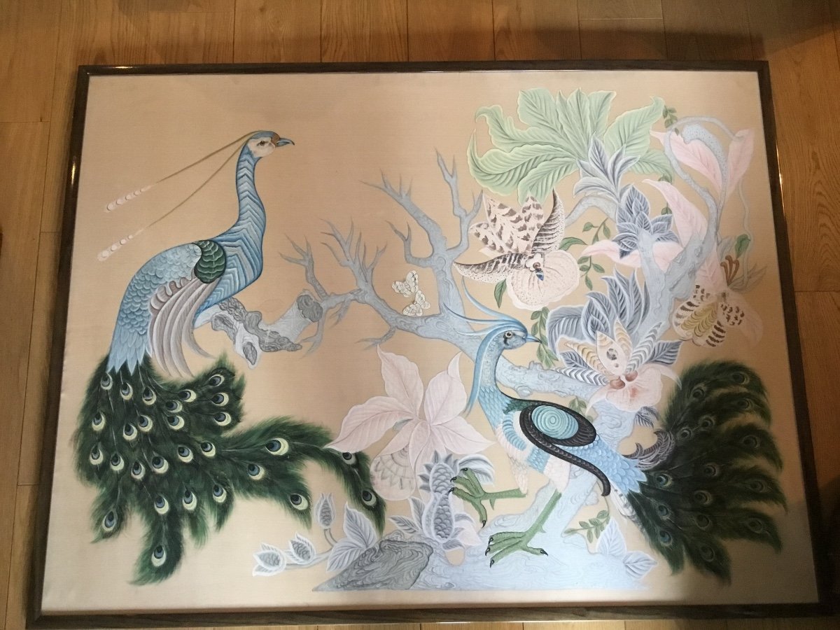 Couple Of Birds And Orchids, Silk Painting-photo-2