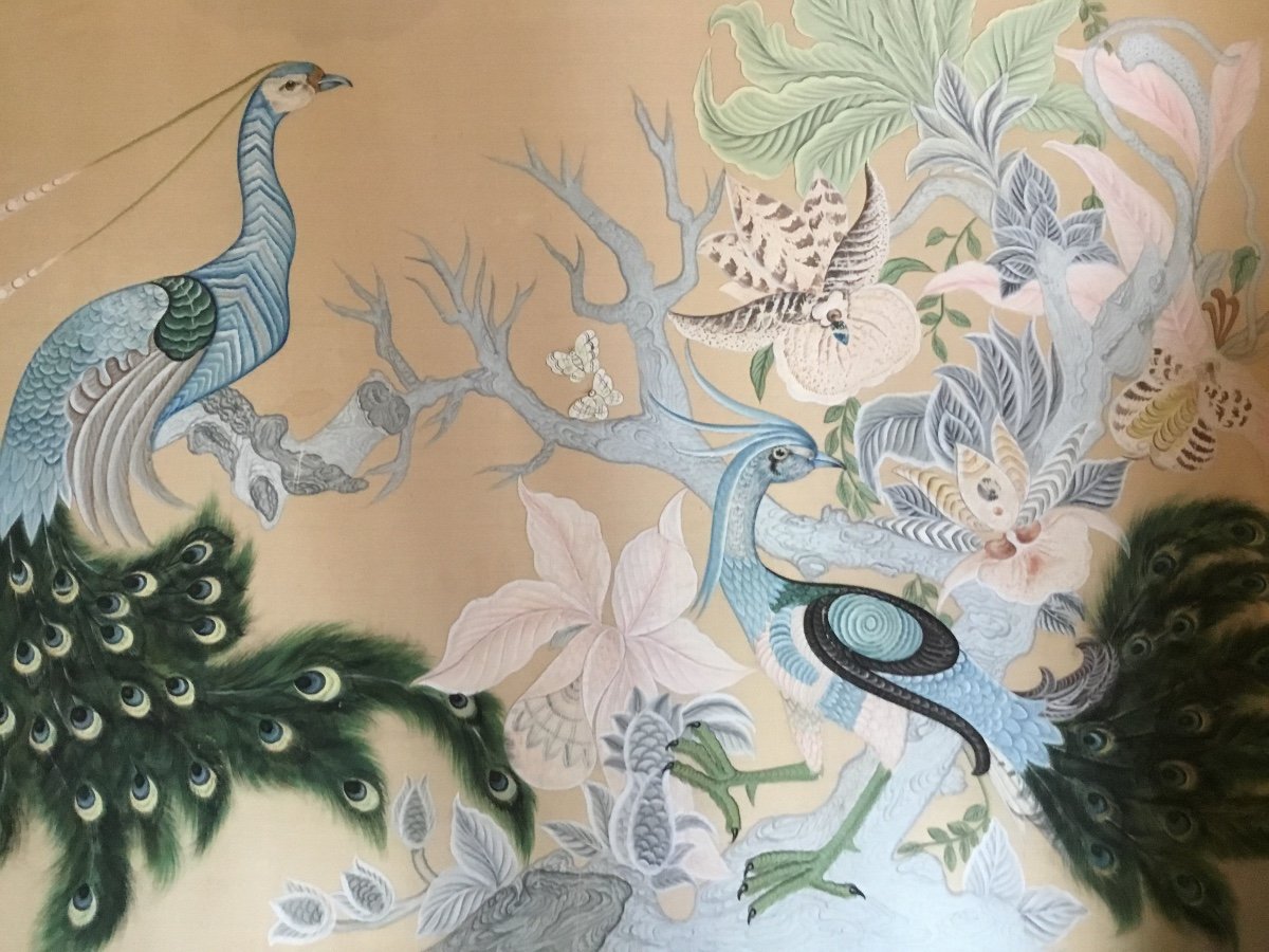 Couple D’oiseaux Et Orchidées, Peinture Du Soie-photo-3