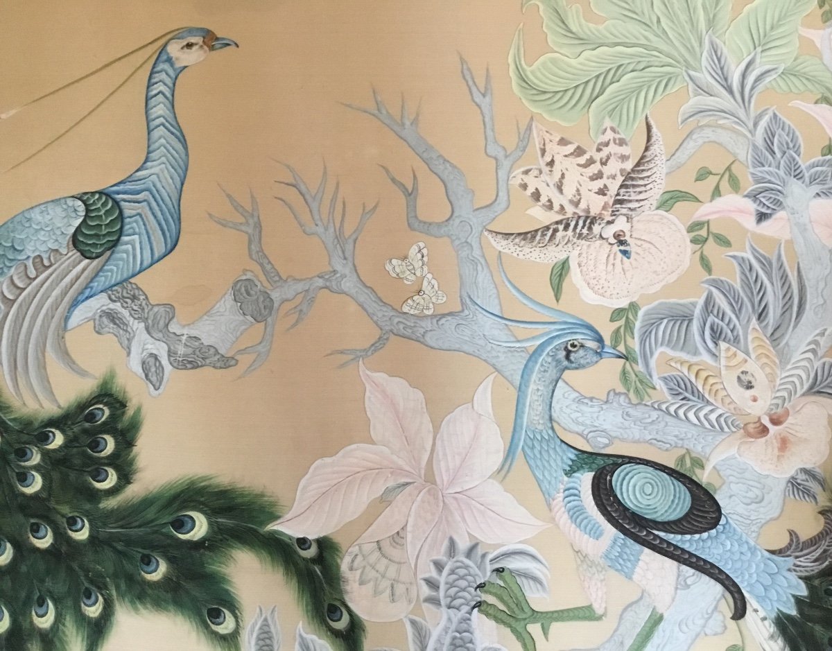 Couple Of Birds And Orchids, Silk Painting-photo-2