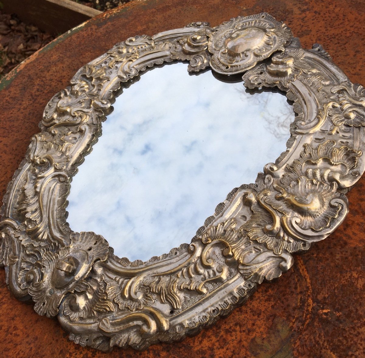 Miroir en métal argenté au décor Rocaille-photo-3