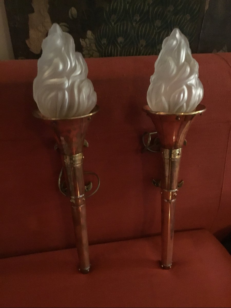 Pair Of Twentieth-century Copper Torch Sconces-photo-2