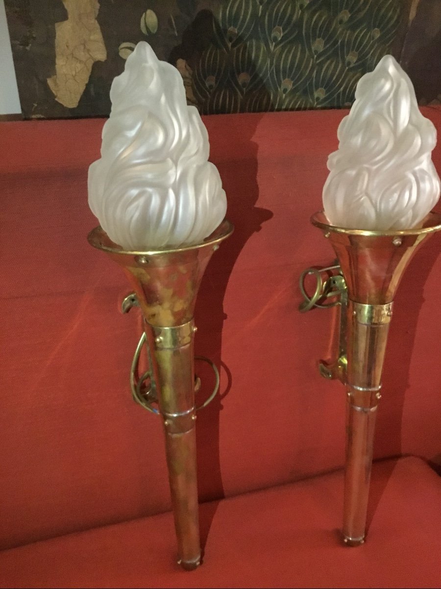 Pair Of Twentieth-century Copper Torch Sconces-photo-4