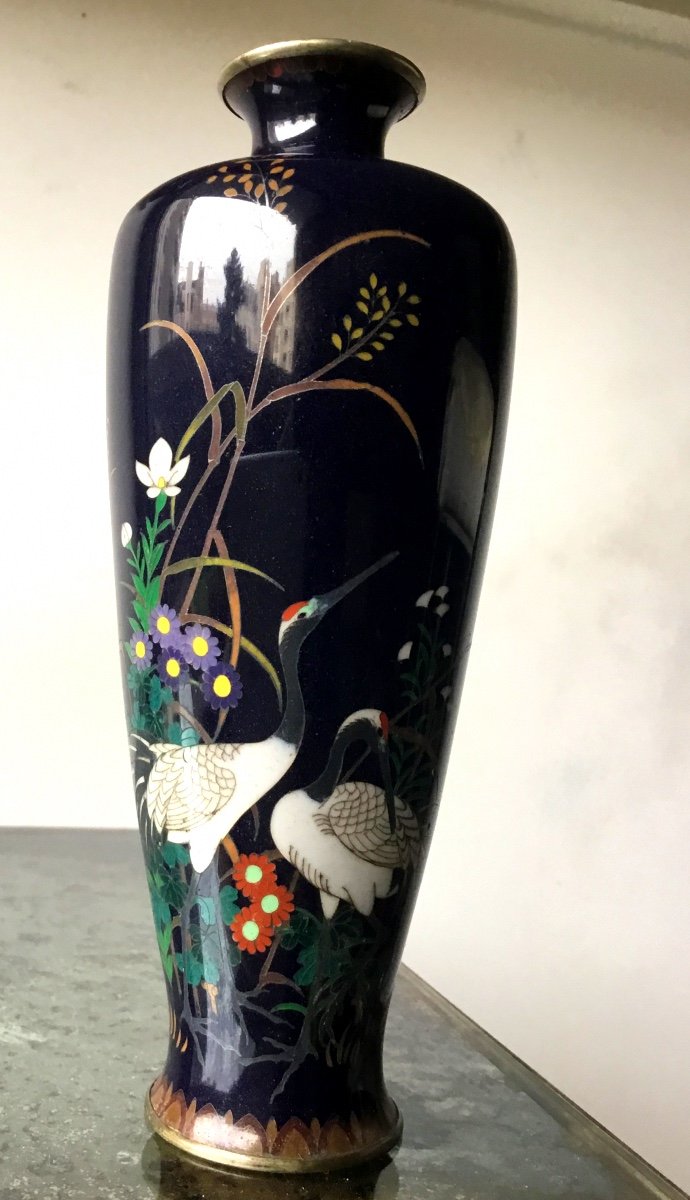 Cloisonne Vase With Silver Mounted Cranes, Japan Edo Period