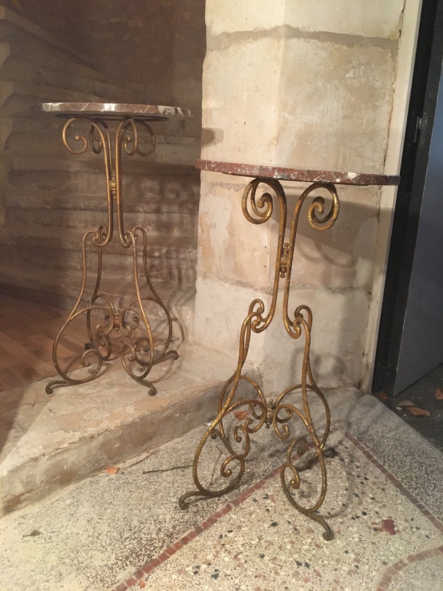 Pair Of Pedestal Tables In Wrought And Gilded Iron And Marbles-photo-2
