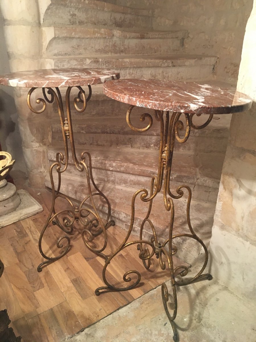 Pair Of Pedestal Tables In Wrought And Gilded Iron And Marbles-photo-3