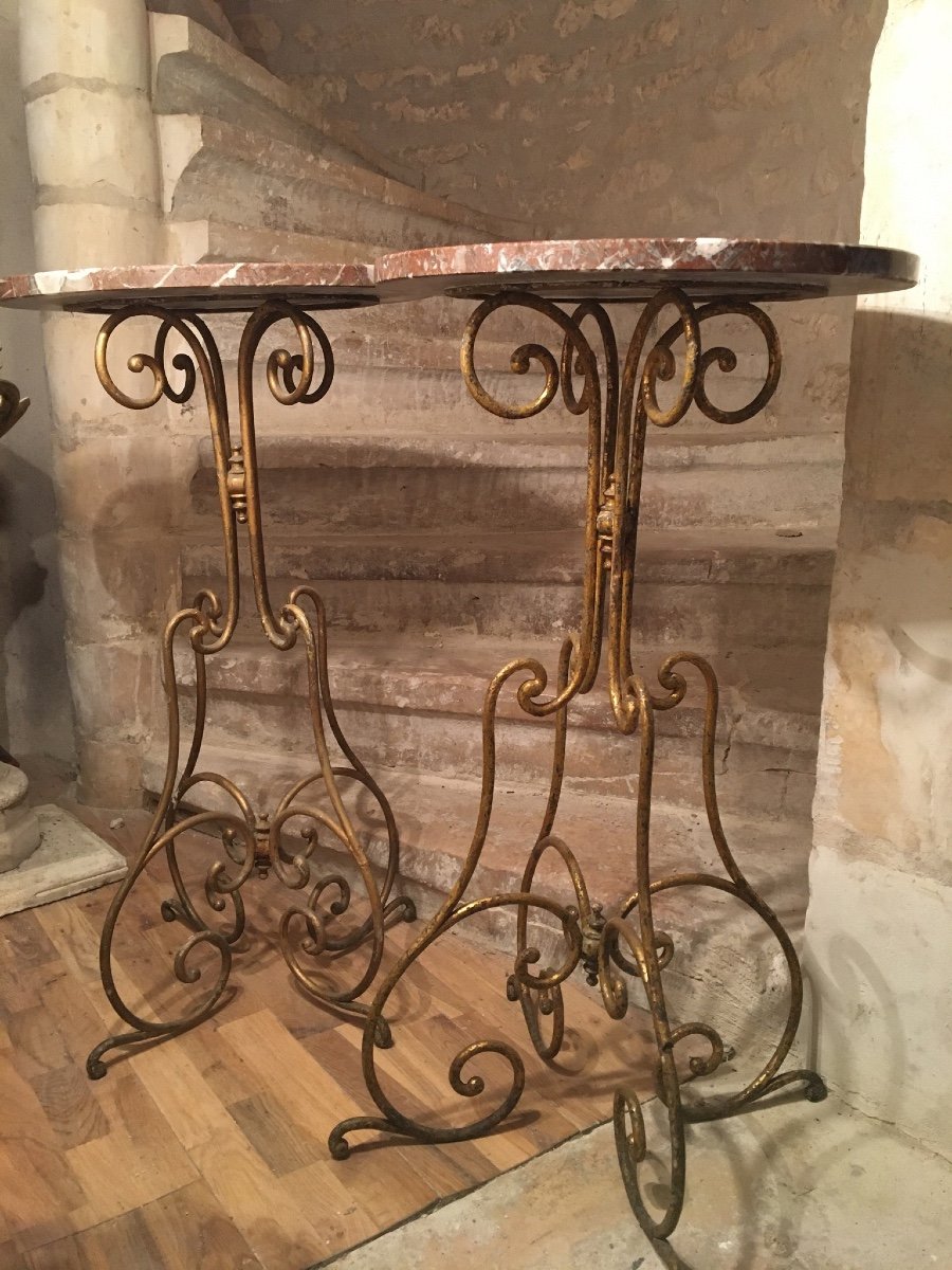 Pair Of Pedestal Tables In Wrought And Gilded Iron And Marbles-photo-4