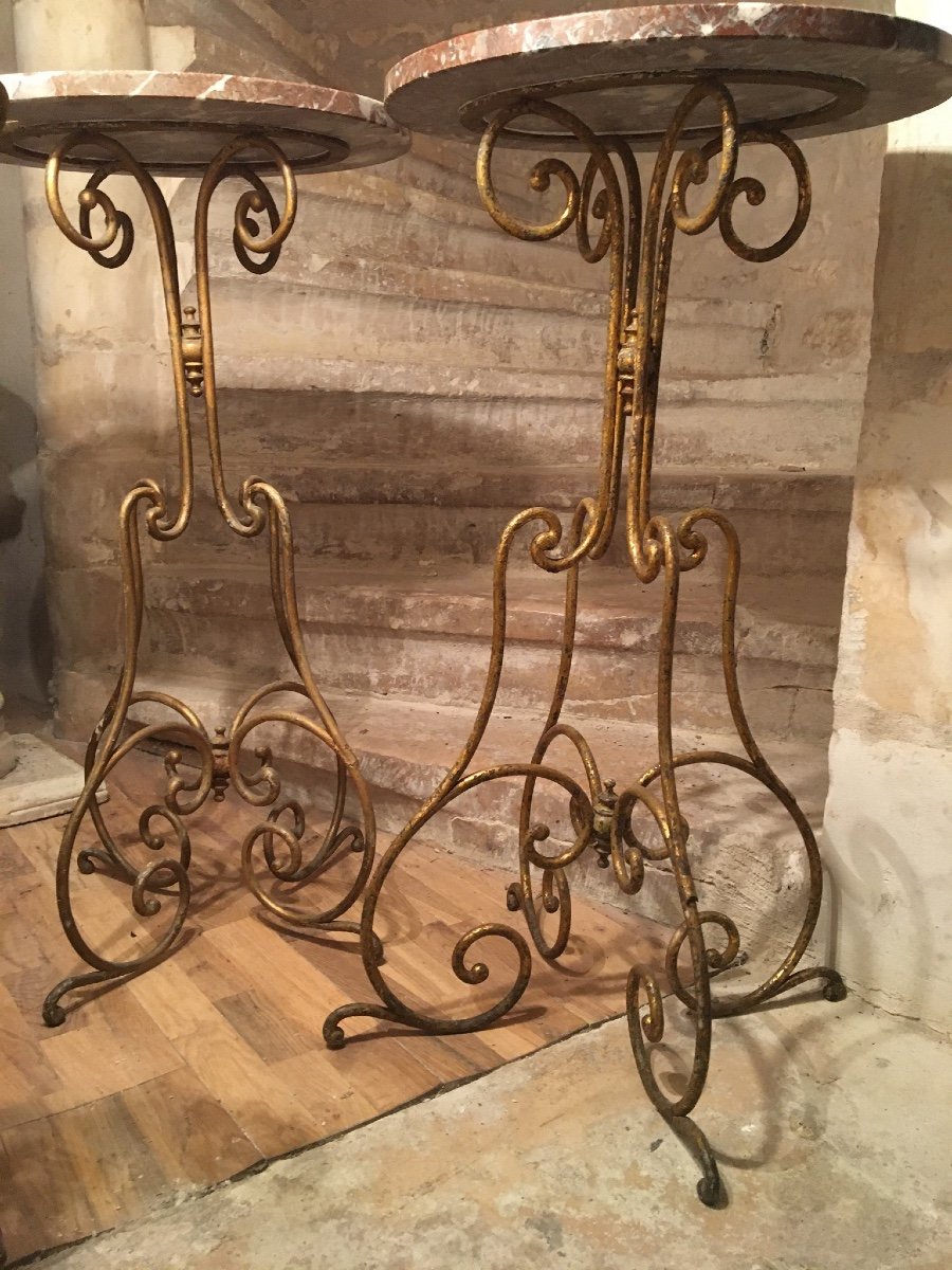 Pair Of Pedestal Tables In Wrought And Gilded Iron And Marbles-photo-1