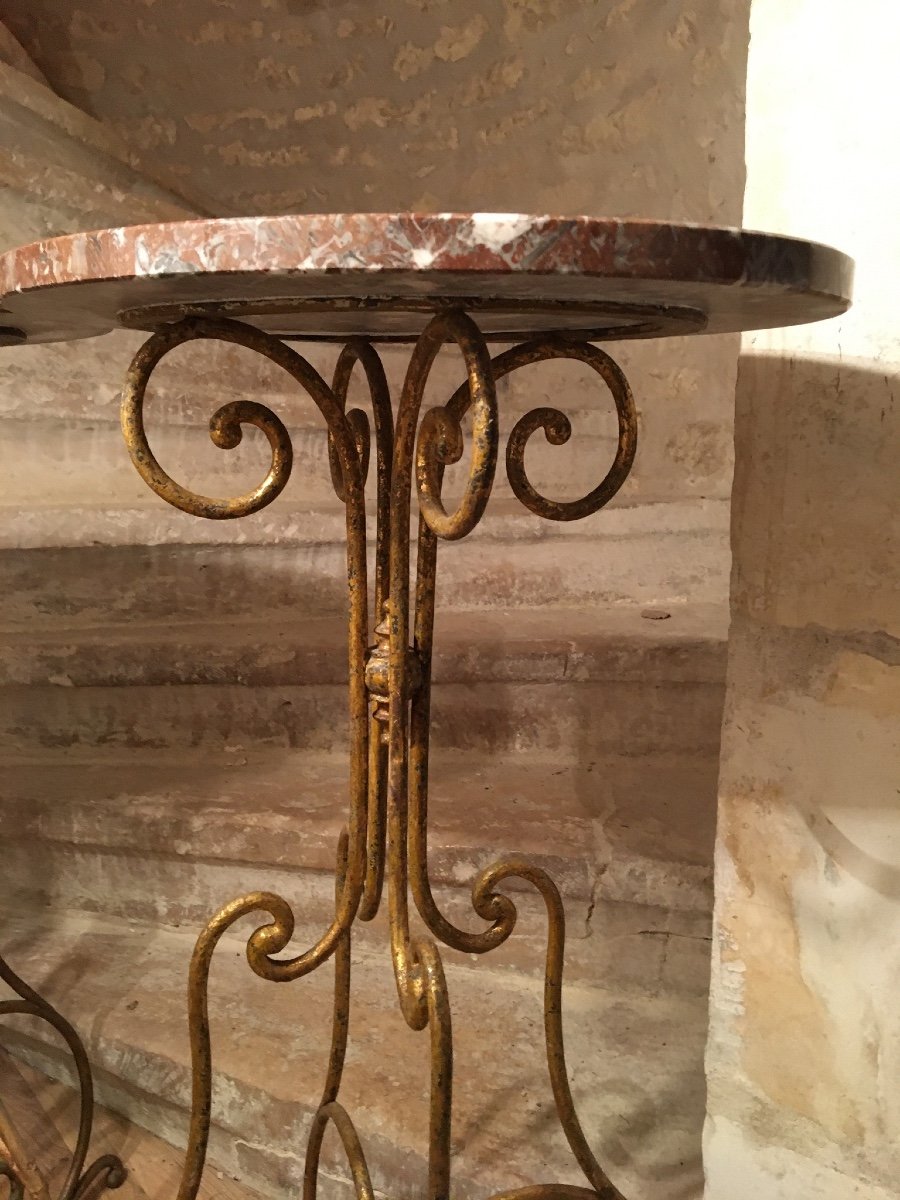 Pair Of Pedestal Tables In Wrought And Gilded Iron And Marbles-photo-2