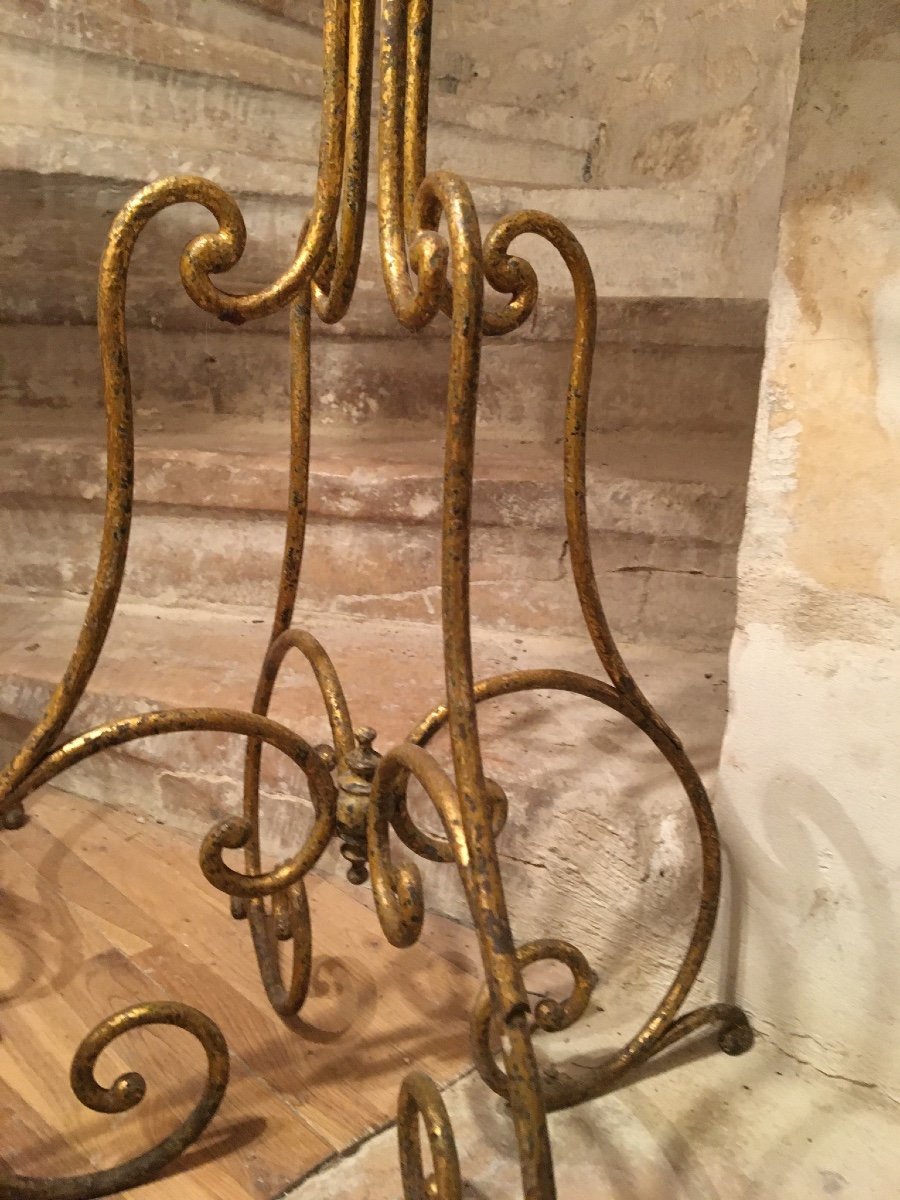 Pair Of Pedestal Tables In Wrought And Gilded Iron And Marbles-photo-3