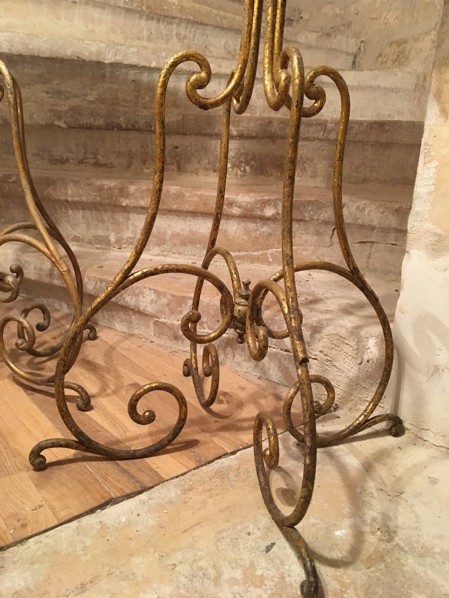 Pair Of Pedestal Tables In Wrought And Gilded Iron And Marbles-photo-4