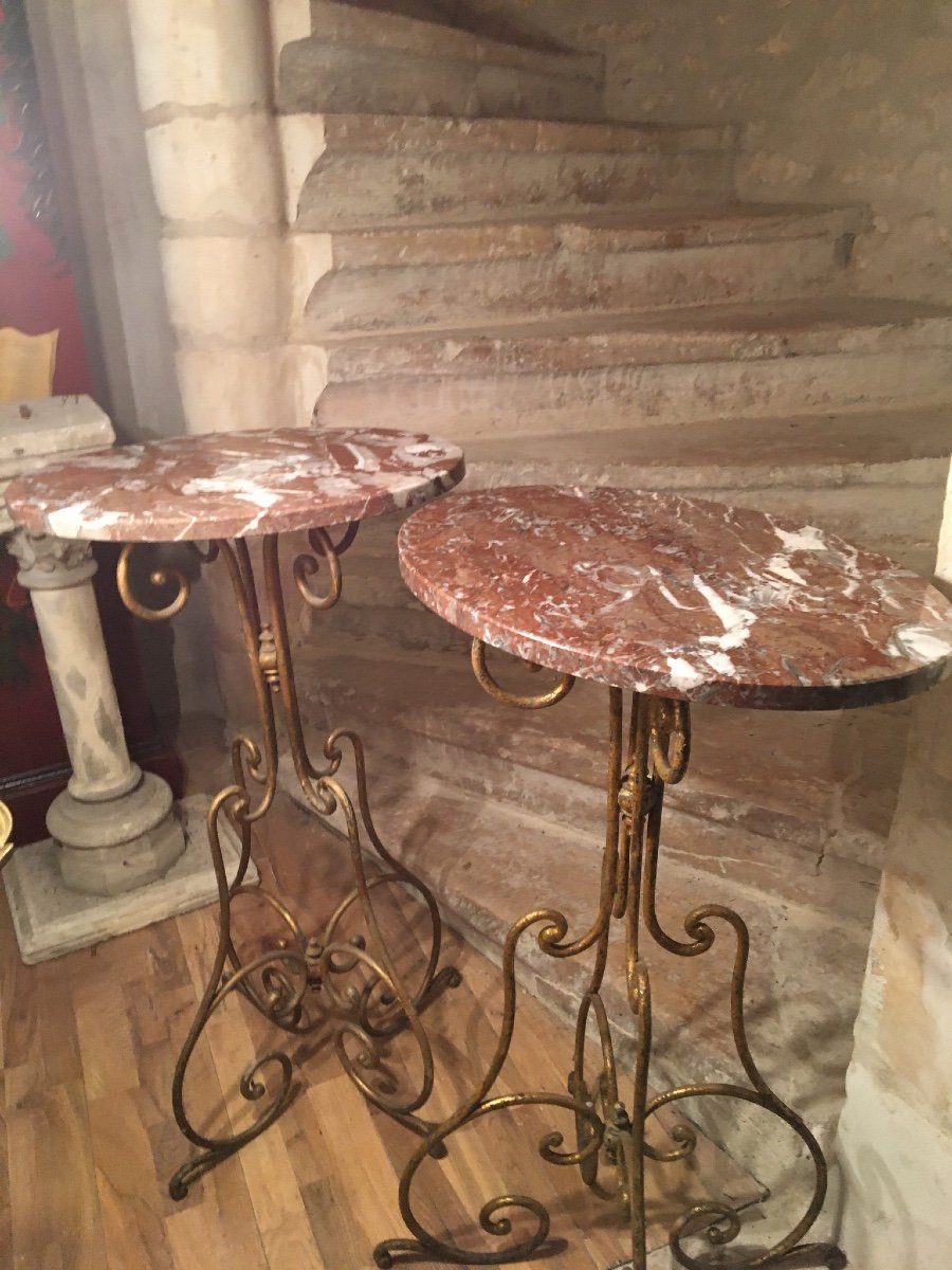 Pair Of Pedestal Tables In Wrought And Gilded Iron And Marbles-photo-6