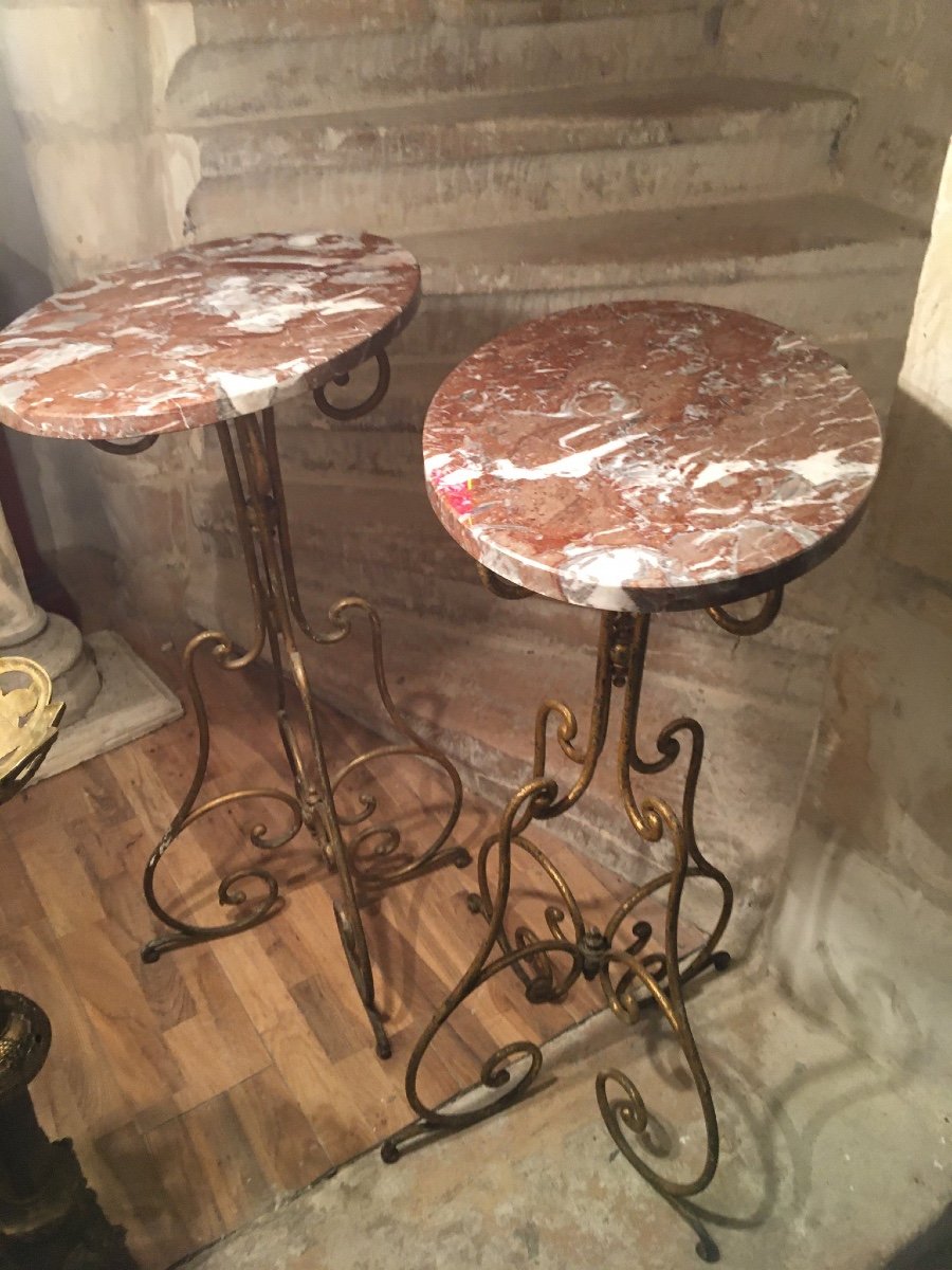 Pair Of Pedestal Tables In Wrought And Gilded Iron And Marbles-photo-7