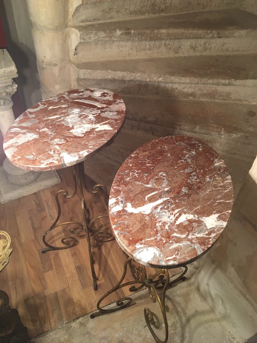 Pair Of Pedestal Tables In Wrought And Gilded Iron And Marbles-photo-8