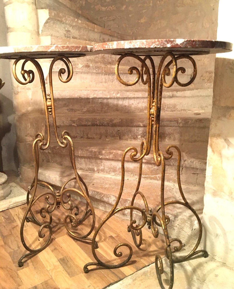 Pair Of Pedestal Tables In Wrought And Gilded Iron And Marbles