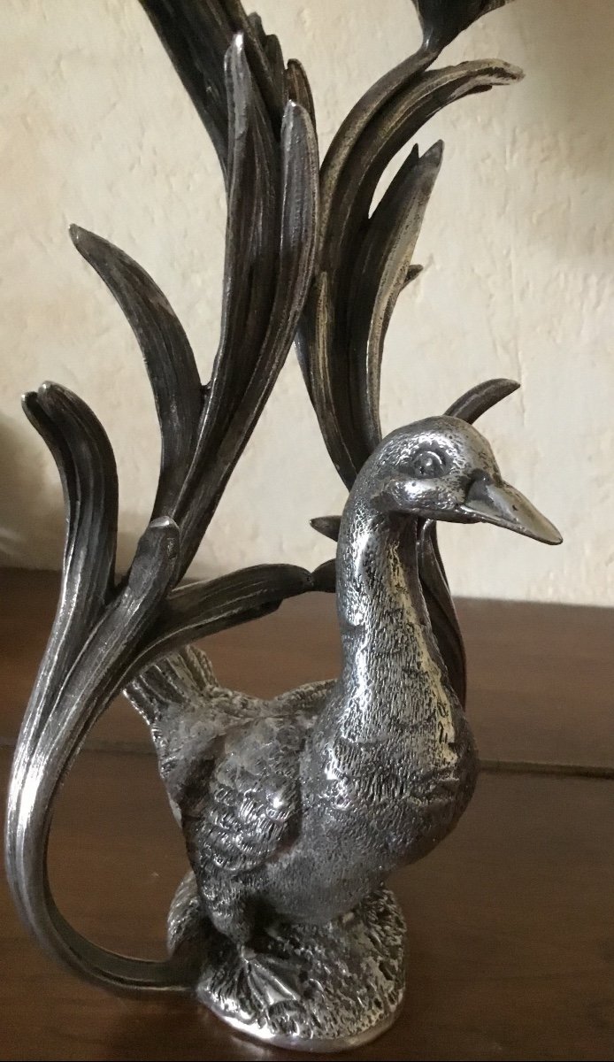 Bougeoir En Bronze Argenté Et Ciselé à Deux Feux Et Au Canard -photo-3