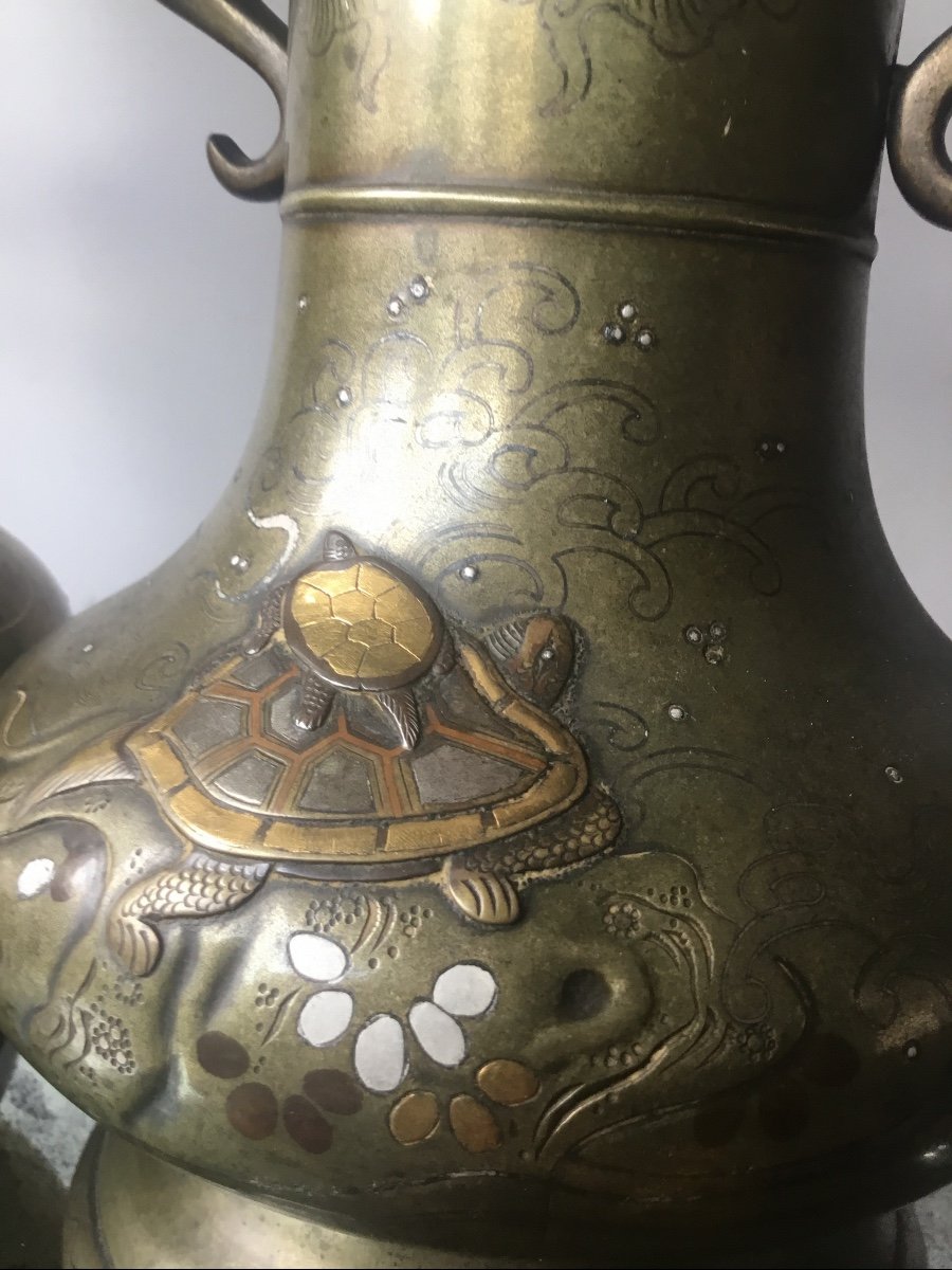 Pair Of Vases With Turtles Japan Meiji, Shibuichi-photo-3