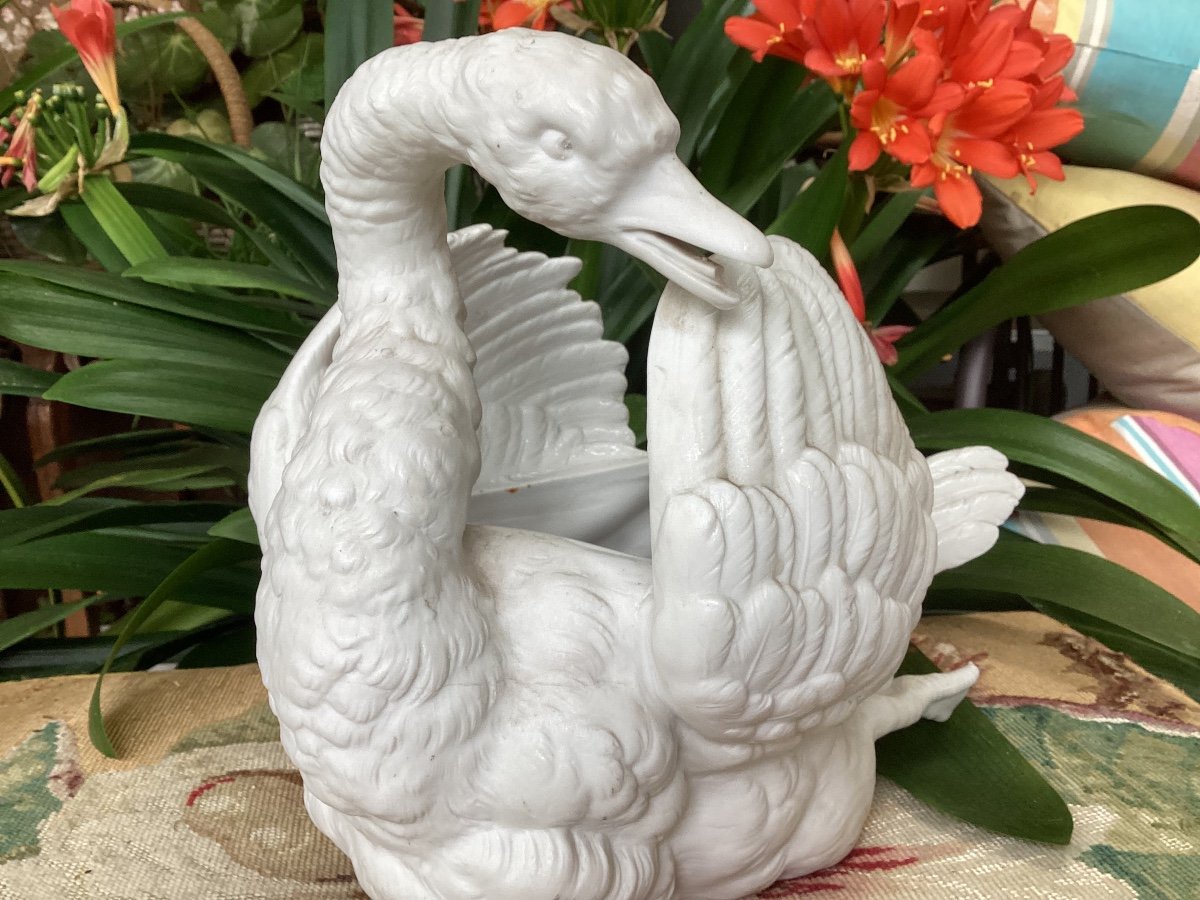 Important Swan, Planter, In White Porcelain, Biscuit, 19th Time-photo-3