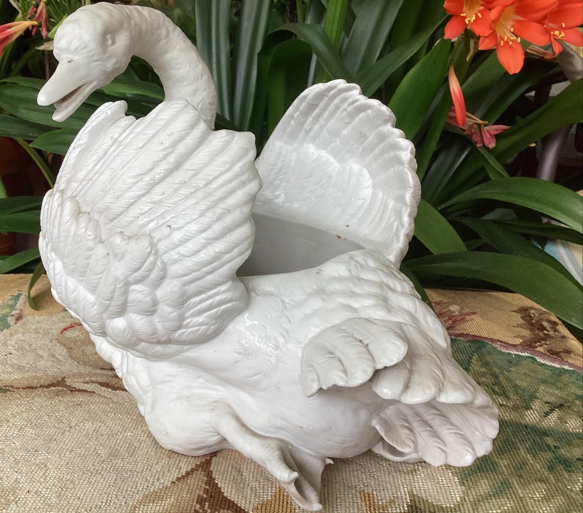 Important Swan, Planter, In White Porcelain, Biscuit, 19th Time-photo-4