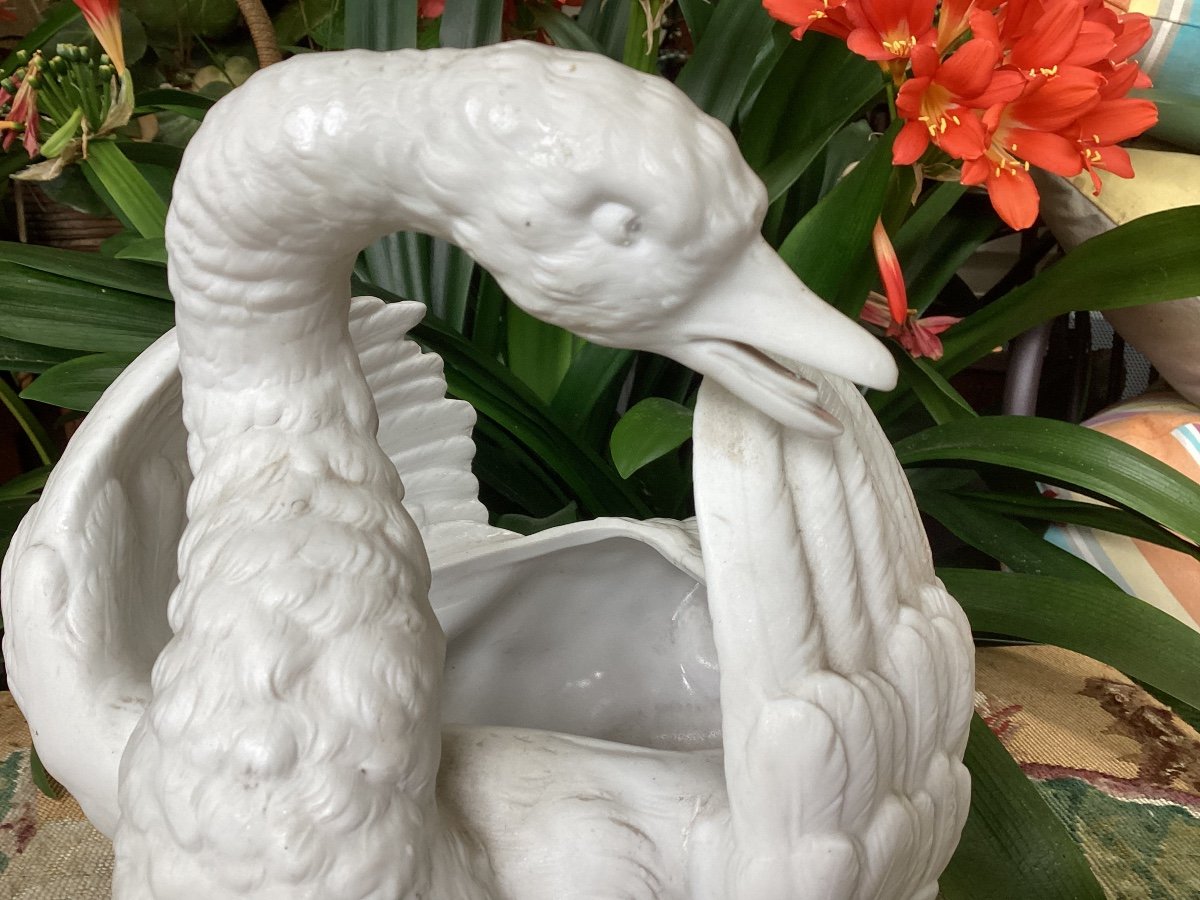 Important Swan, Planter, In White Porcelain, Biscuit, 19th Time-photo-1