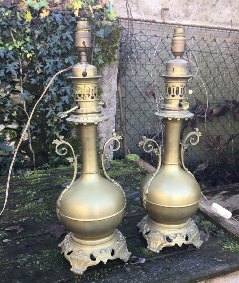 Pair Of Large Oil Lamps In Golden Brass, Napoleon III-photo-2