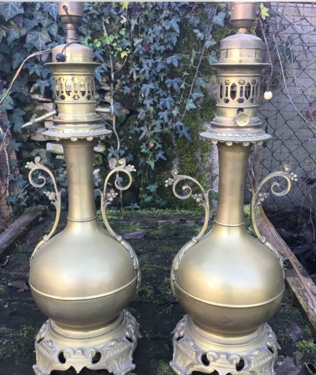 Pair Of Large Oil Lamps In Golden Brass, Napoleon III-photo-3
