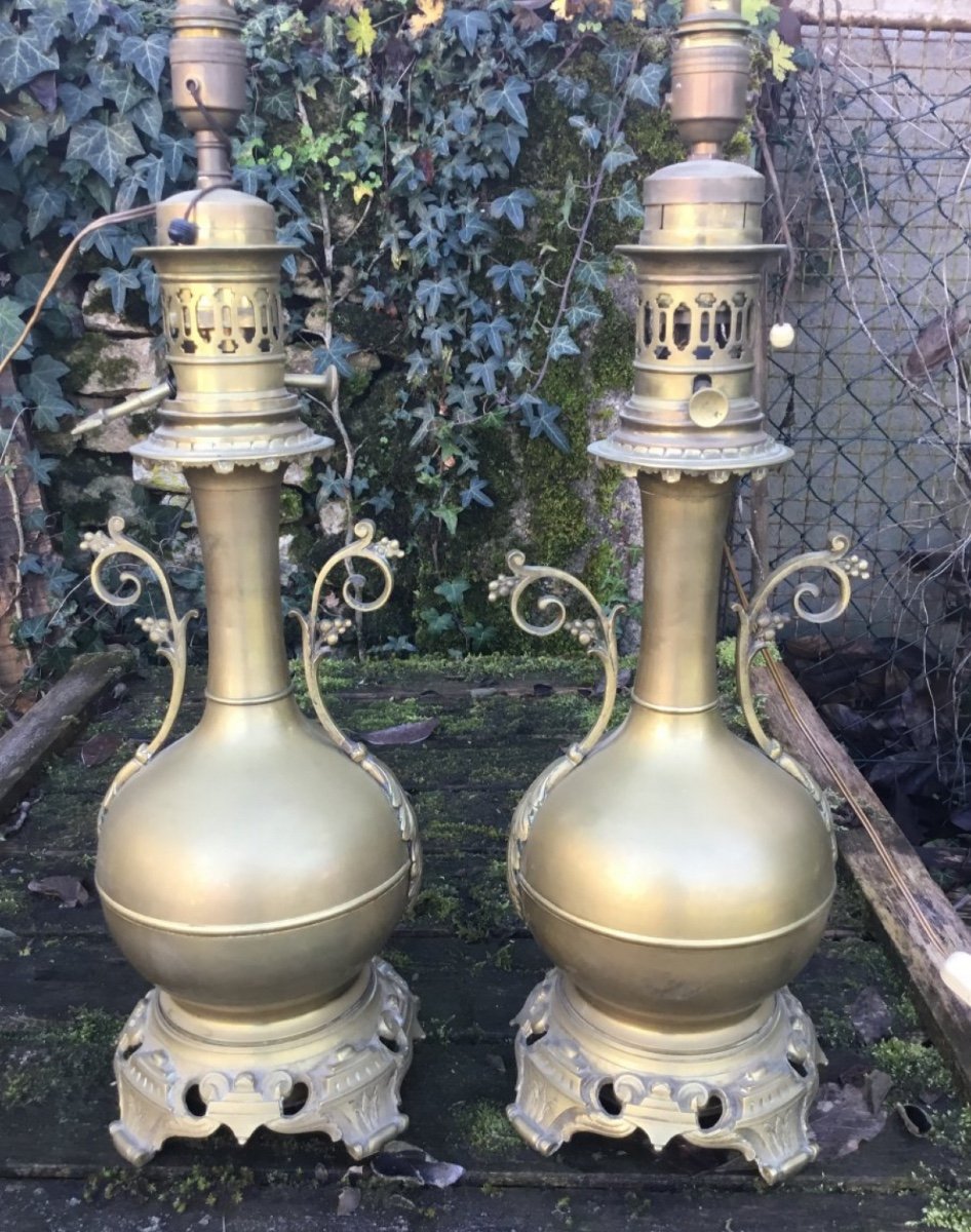Pair Of Large Oil Lamps In Golden Brass, Napoleon III-photo-4