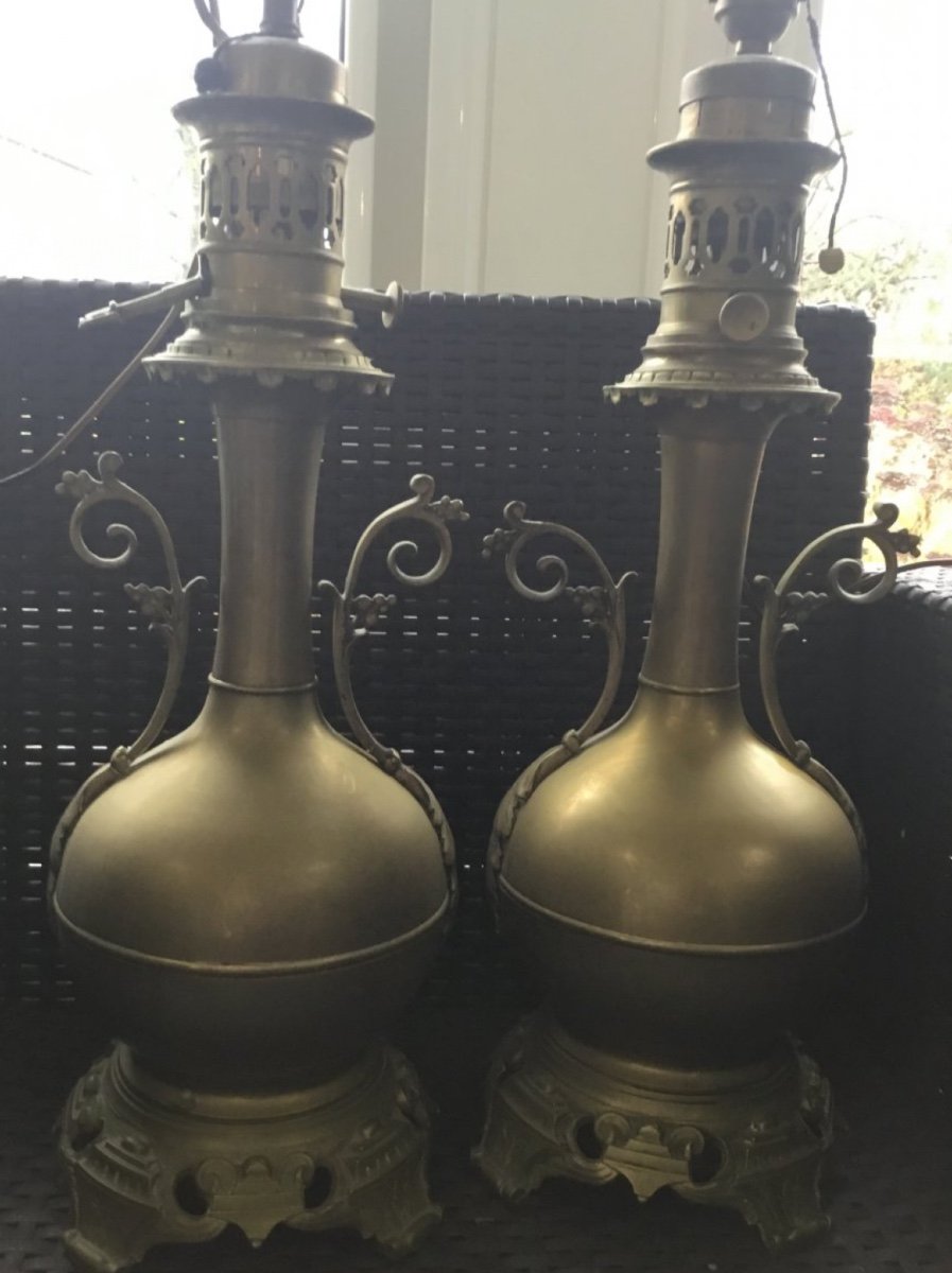 Pair Of Large Oil Lamps In Golden Brass, Napoleon III-photo-2