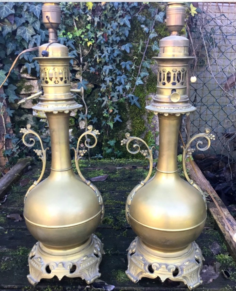 Pair Of Large Oil Lamps In Golden Brass, Napoleon III