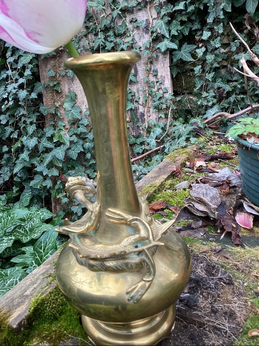 Vase au Dragon en bronze doré, Indochine, signé-photo-4