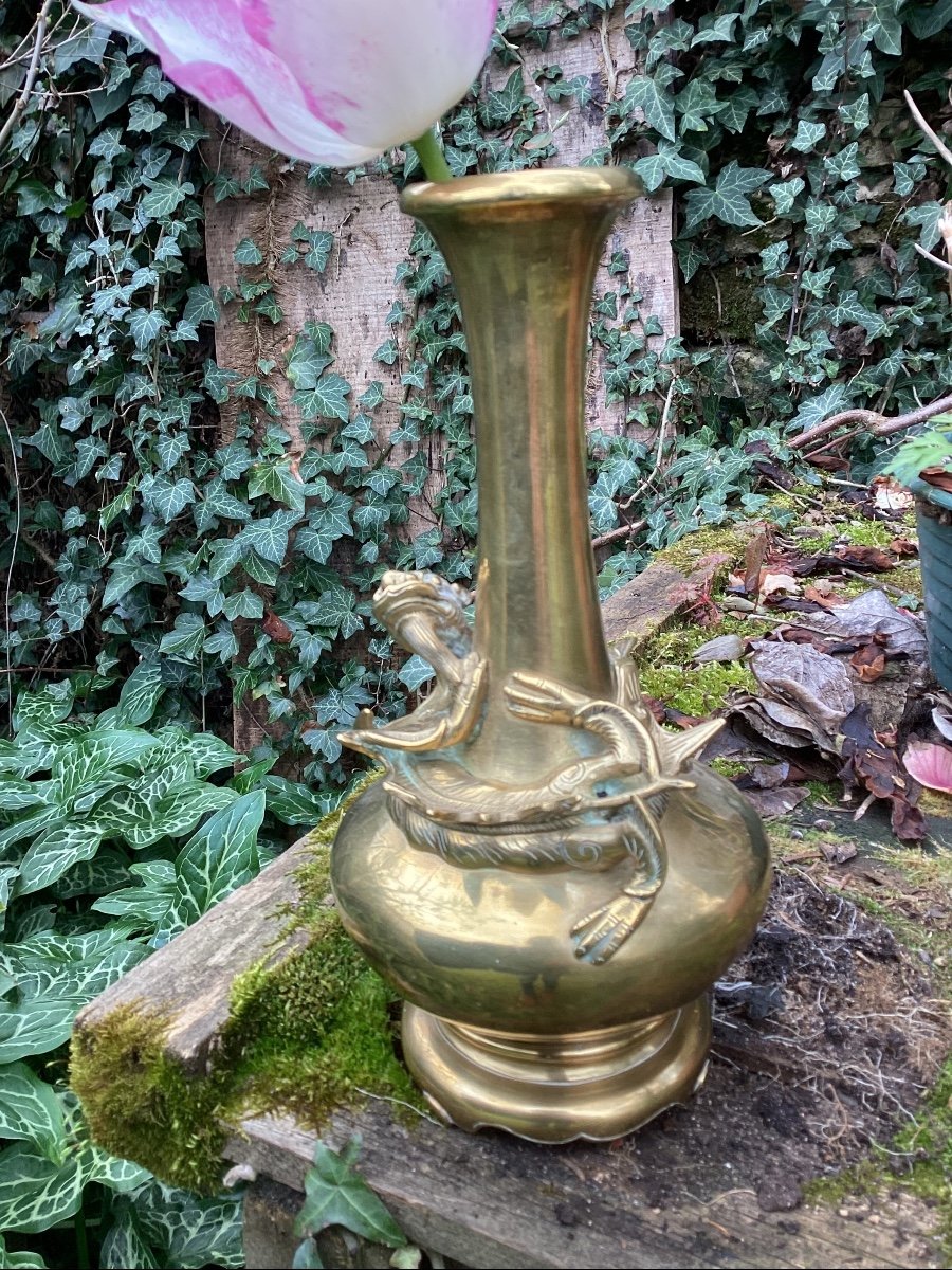 Vase au Dragon en bronze doré, Indochine, signé-photo-5