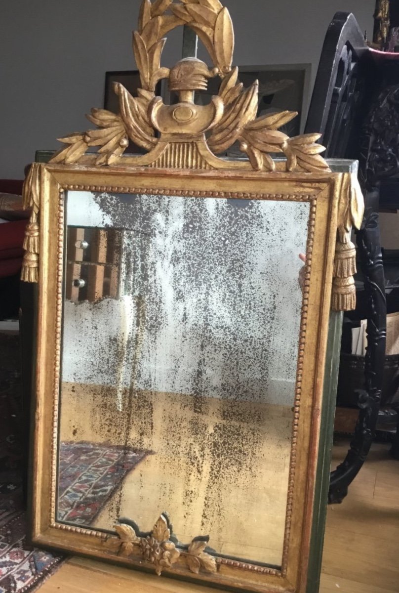 Miroir Révolutionnaire, En Bois Sculpté Et Doré d'époque Louis XVI-photo-1