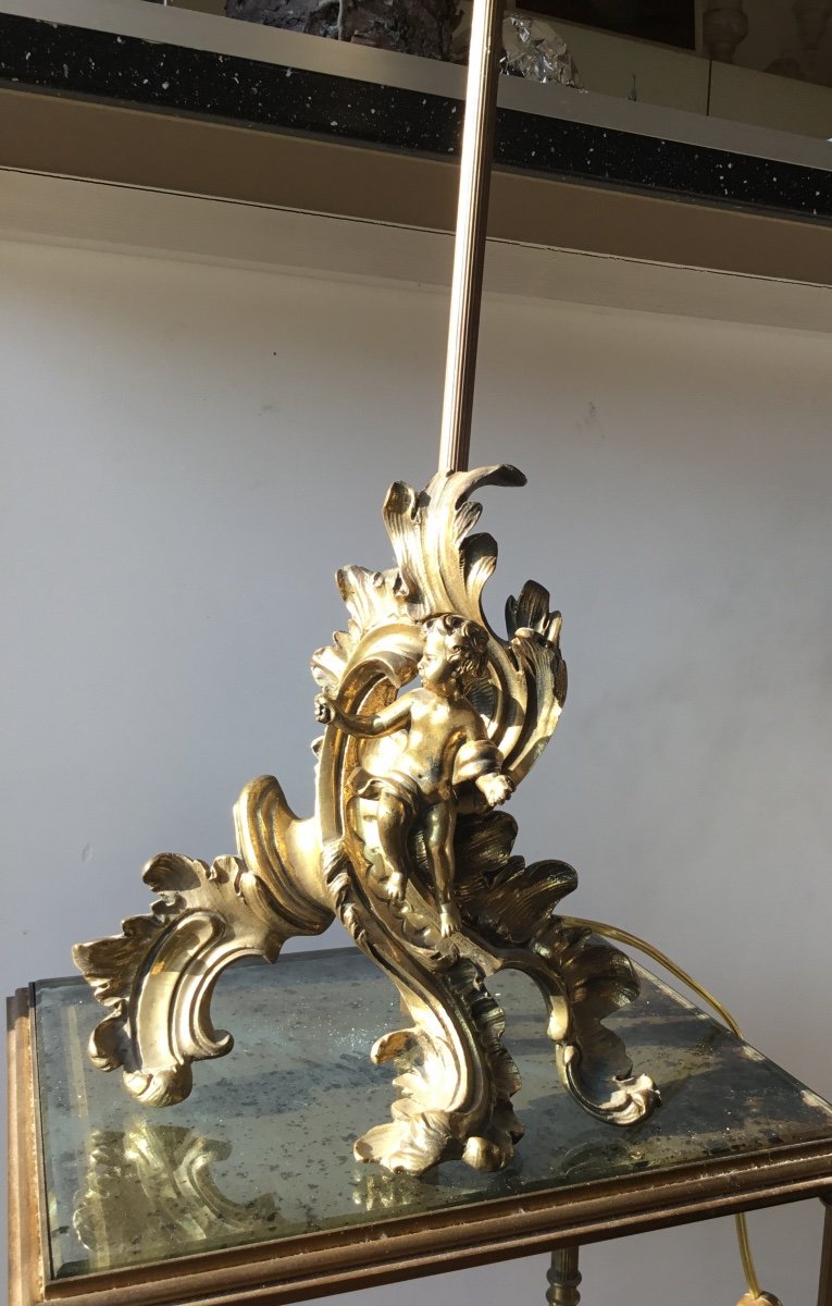 Lamp Base In Gilt Bronze, Decor With A Little Angel-photo-5