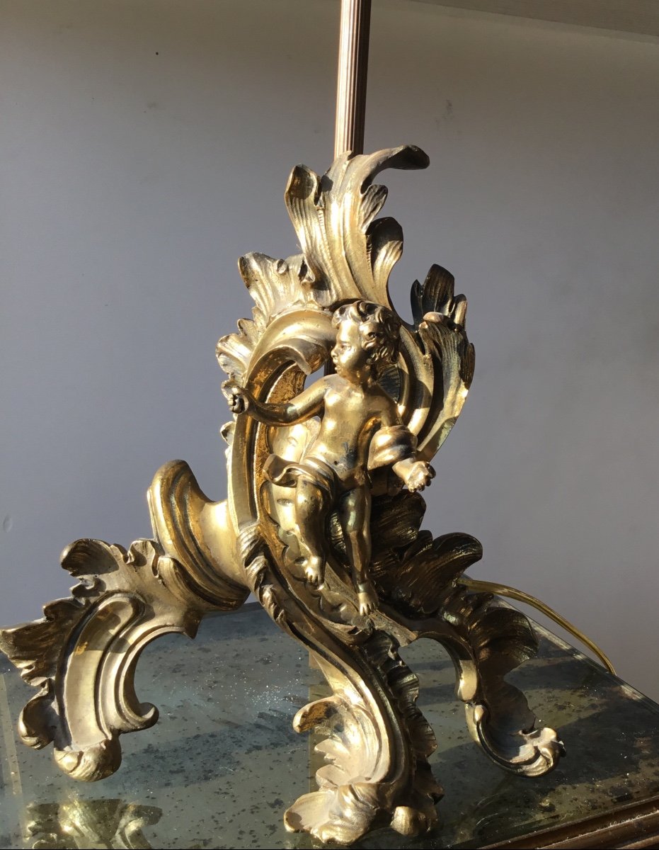 Lamp Base In Gilt Bronze, Decor With A Little Angel