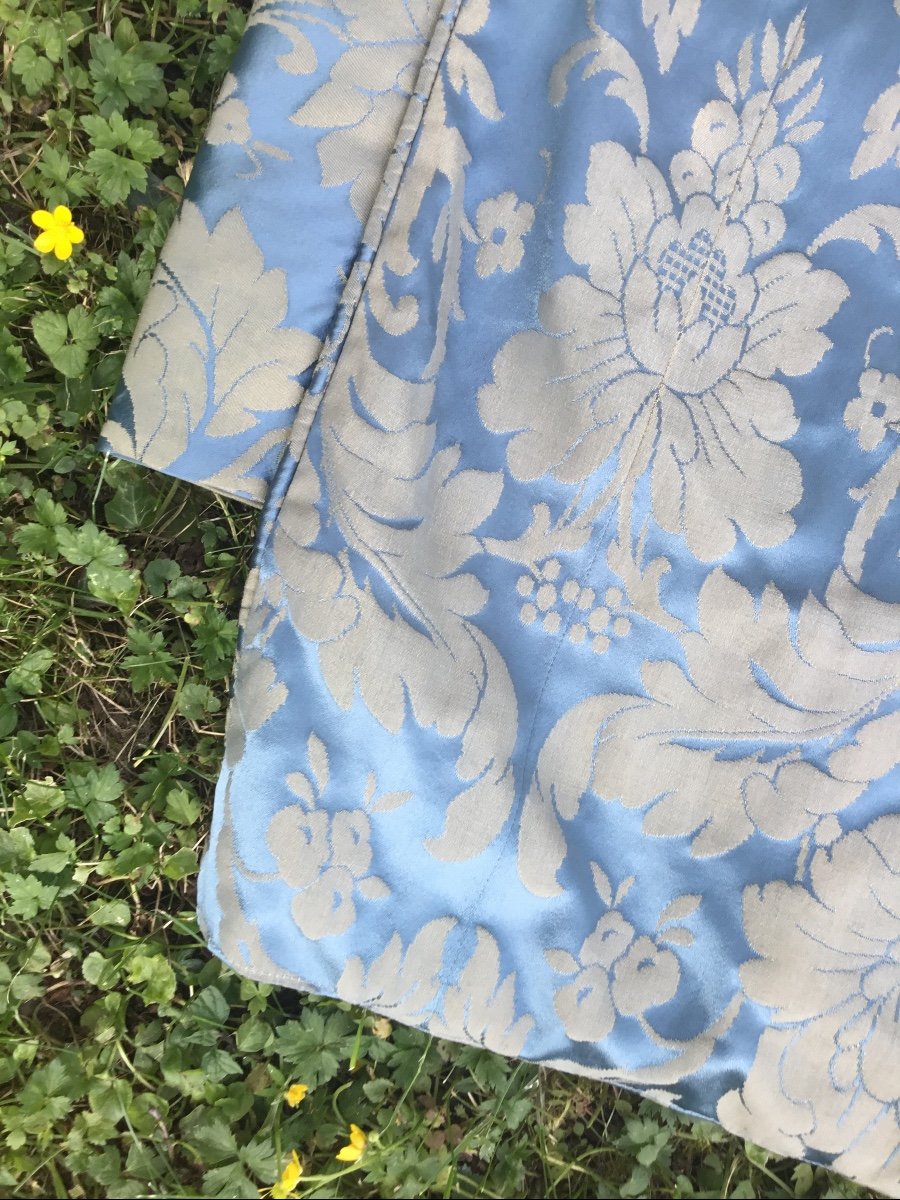 Couvre Lit En Damas De Soie Bleue Frangé En 140, Fin XIXème -photo-3