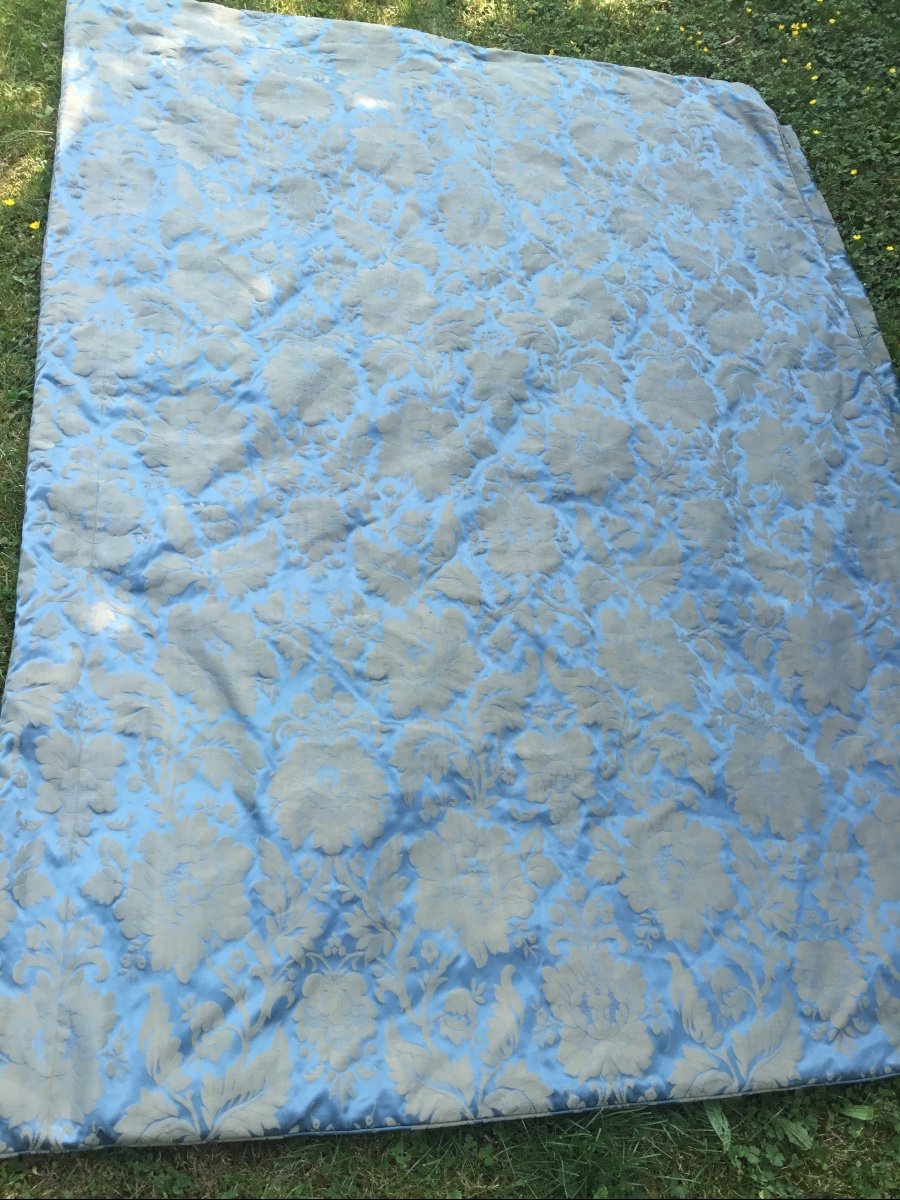 Couvre Lit En Damas De Soie Bleue Frangé En 140, Fin XIXème -photo-1