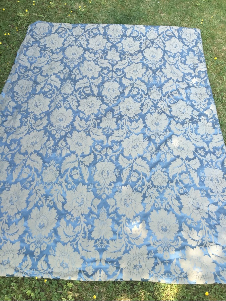 Couvre Lit En Damas De Soie Bleue Frangé En 140, Fin XIXème -photo-3