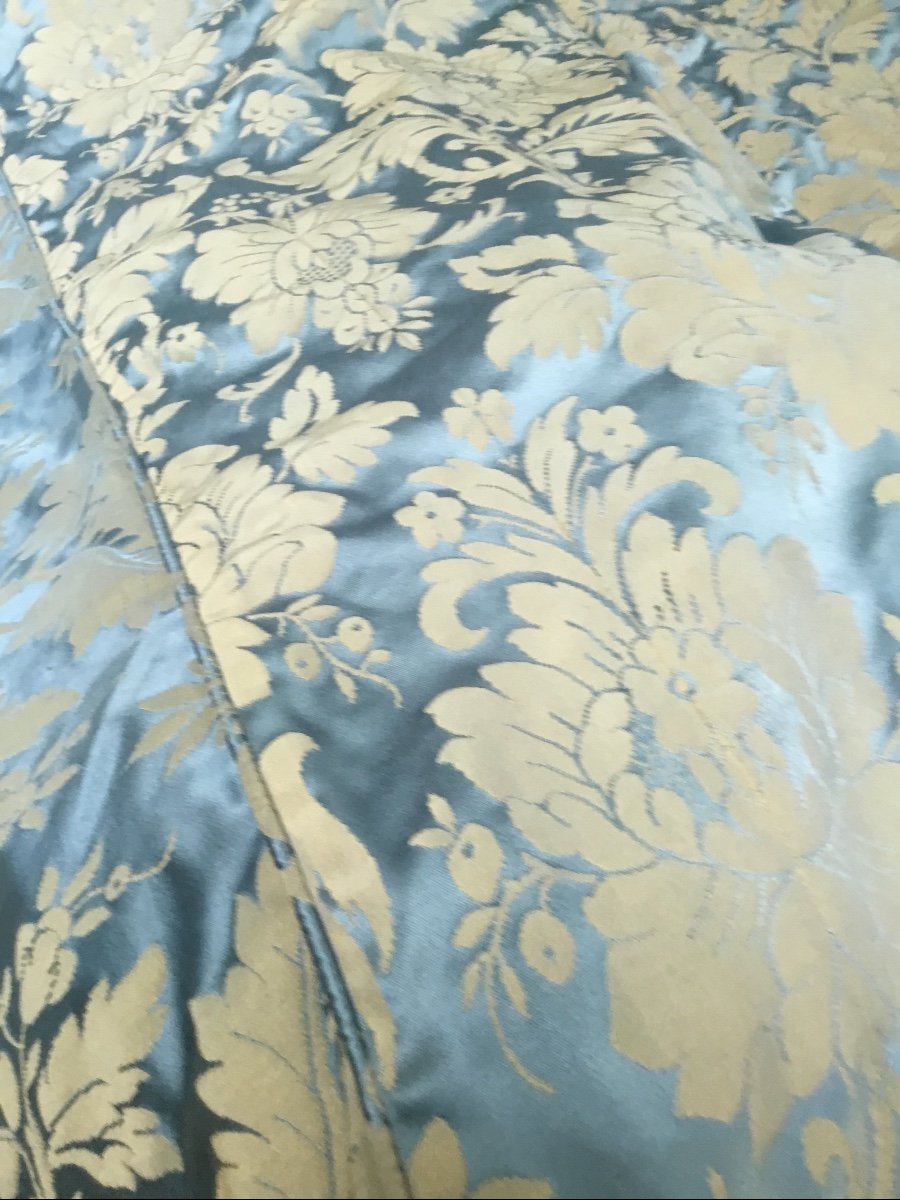 Couvre Lit En Damas De Soie Bleue Frangé En 140, Fin XIXème -photo-5